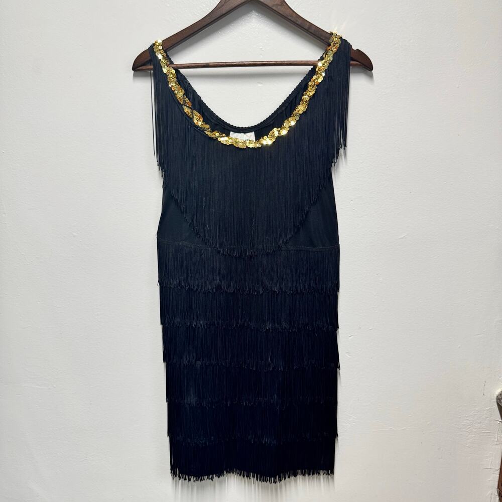 Retro Flapper Fringe Dress M Black Gold Sequin 1920s Gatsby Roaring 20s Showgirl